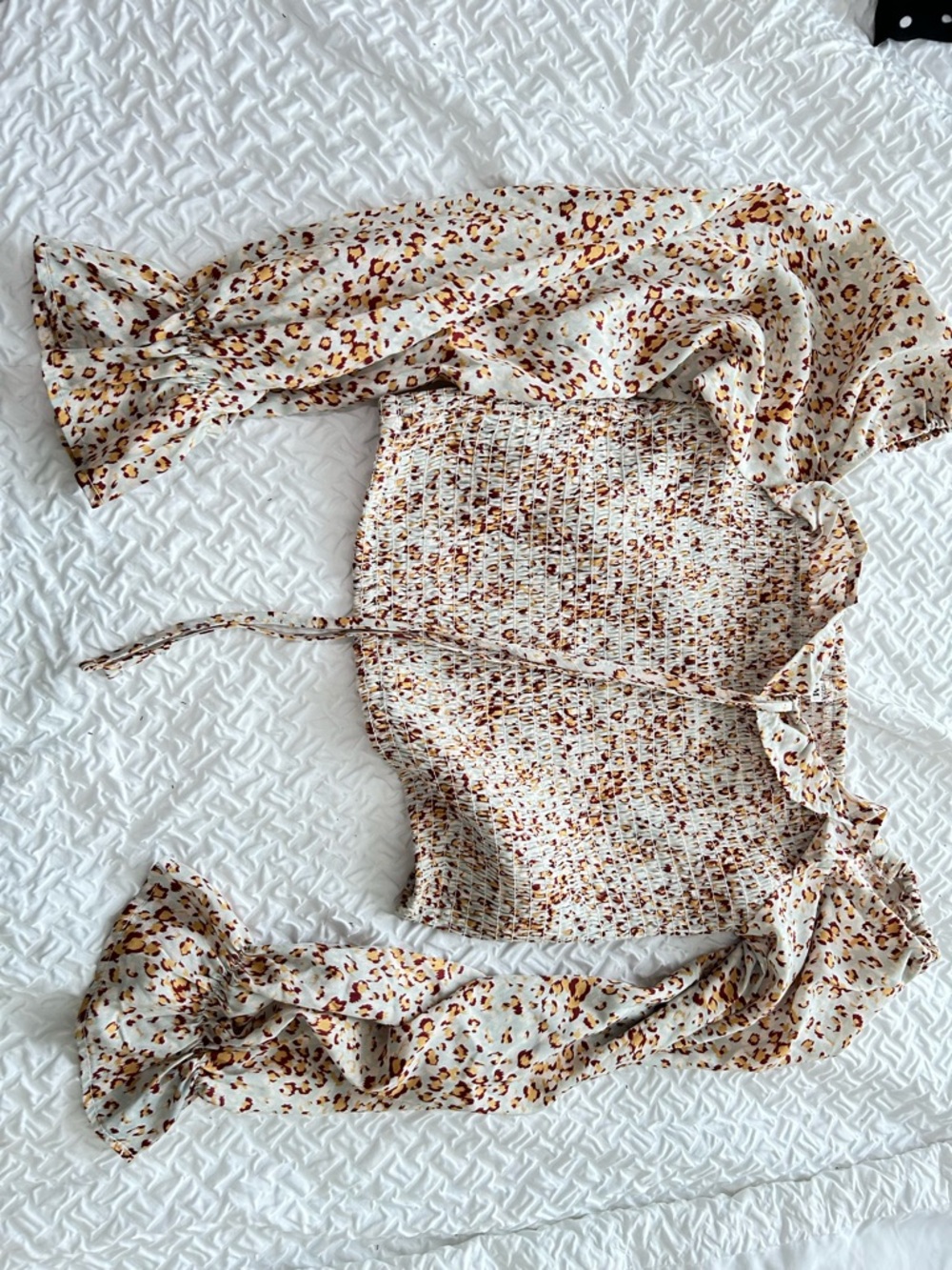 Smocked Floral Leopard Print Off-Shoulder Top - Cream & Brown